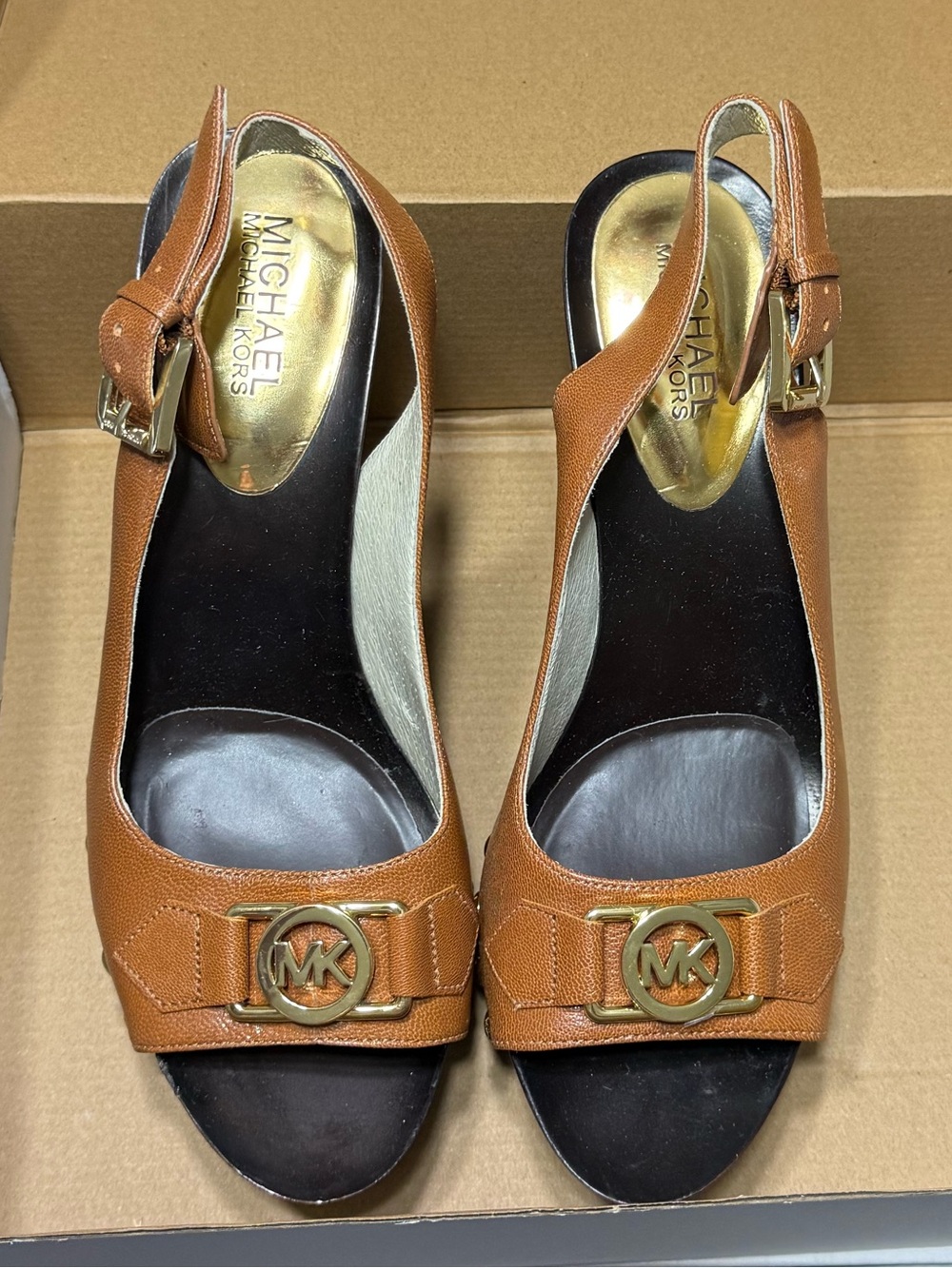 Michael Kors Cognac Leather Open-Toe Slingback Heels with Gold Logo size 8